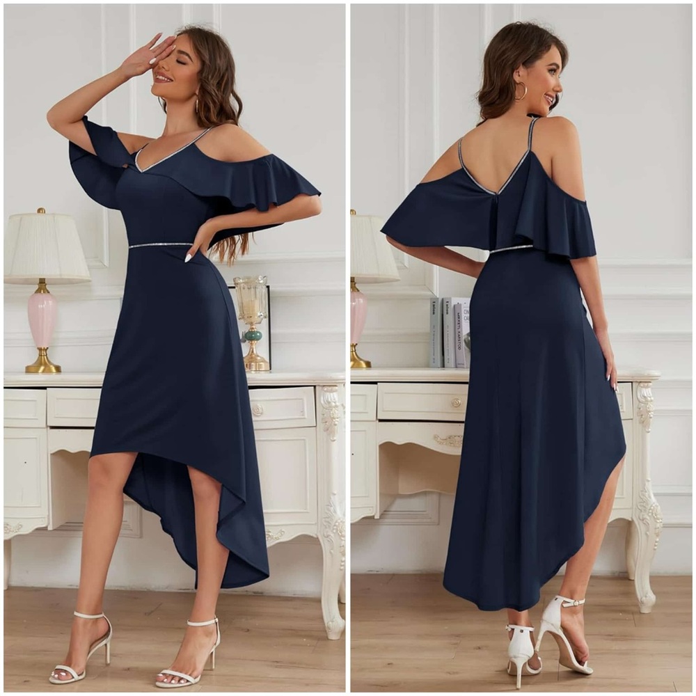 NWOT Muadress Navy Blue V Cold Shoulder Rhinetone Holiday High Low Midi Dress L